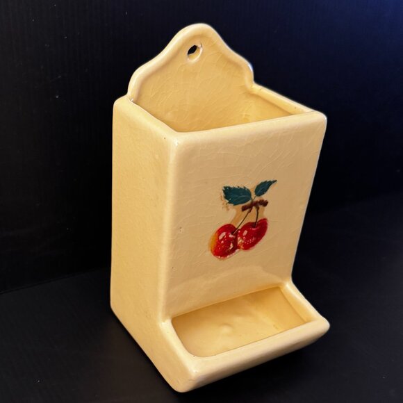 Vtg Porcelain Wall Mount Match Box Holder Stick Matches Yellow Red Cherries Deco - Picture 2 of 7